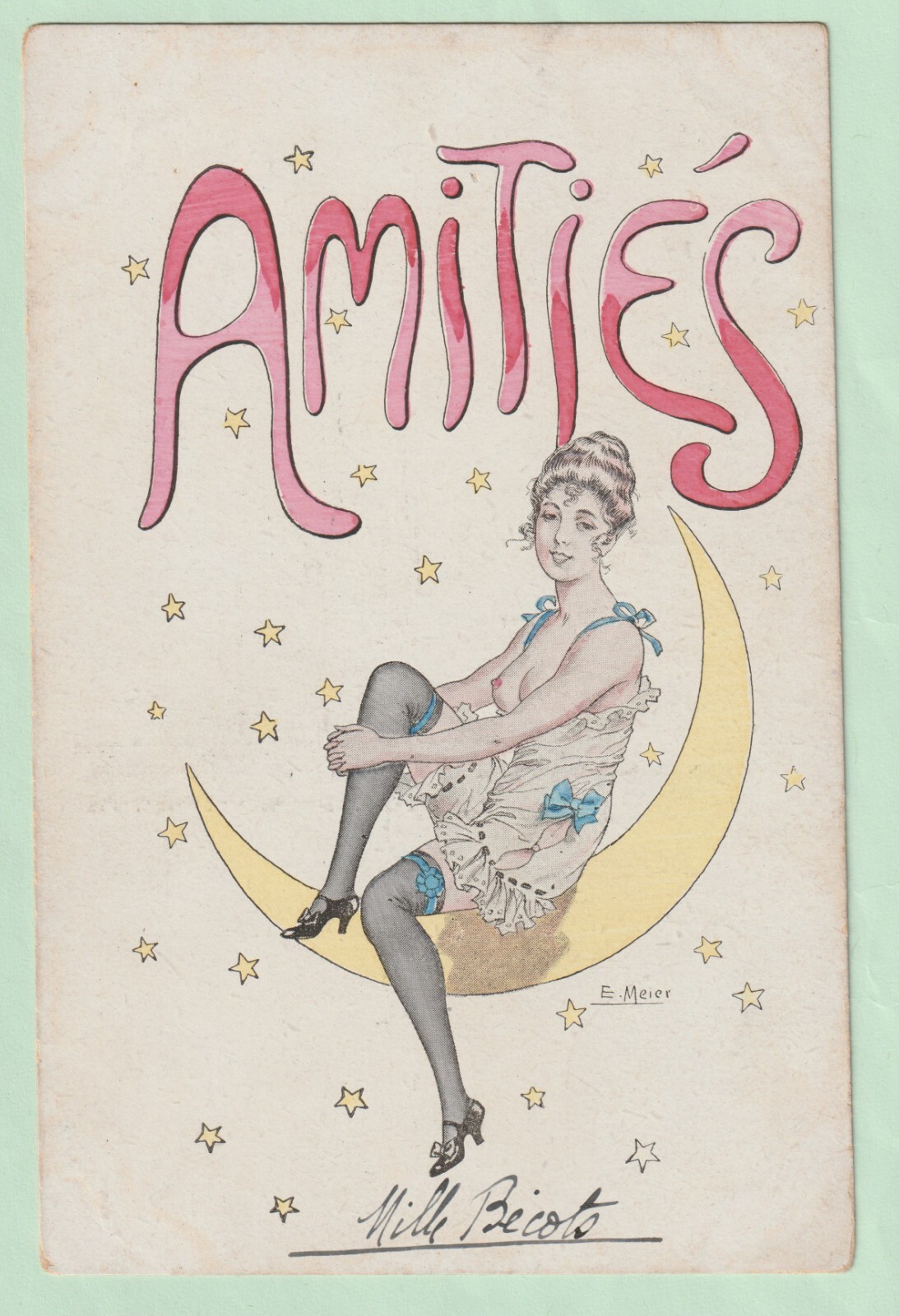 Stunning original French risqué nude Art Deco Amitiés postcard 1910\'s oct #1003