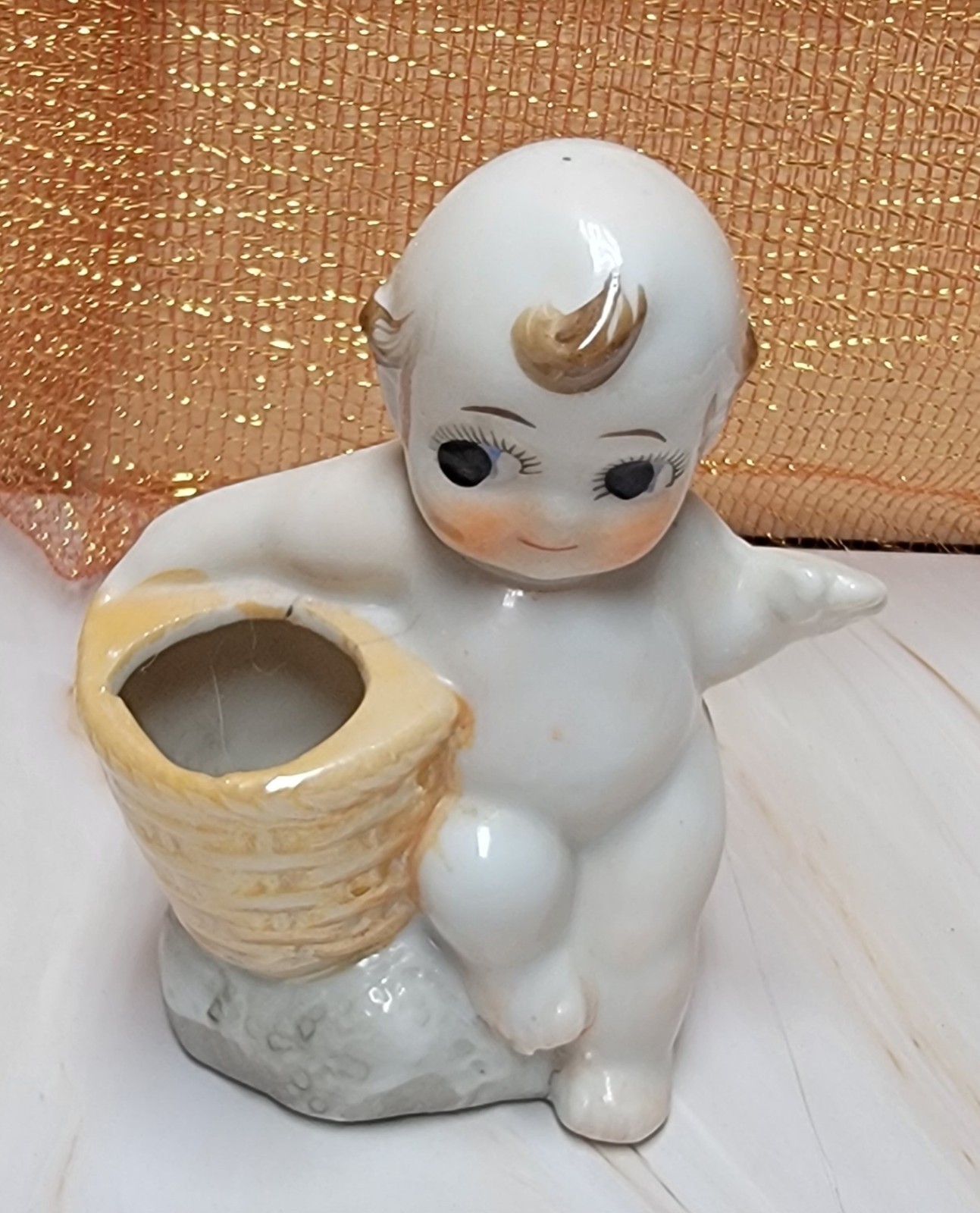 Vintage Porcelain Kewpie Bisque Baby Figurine  Basket