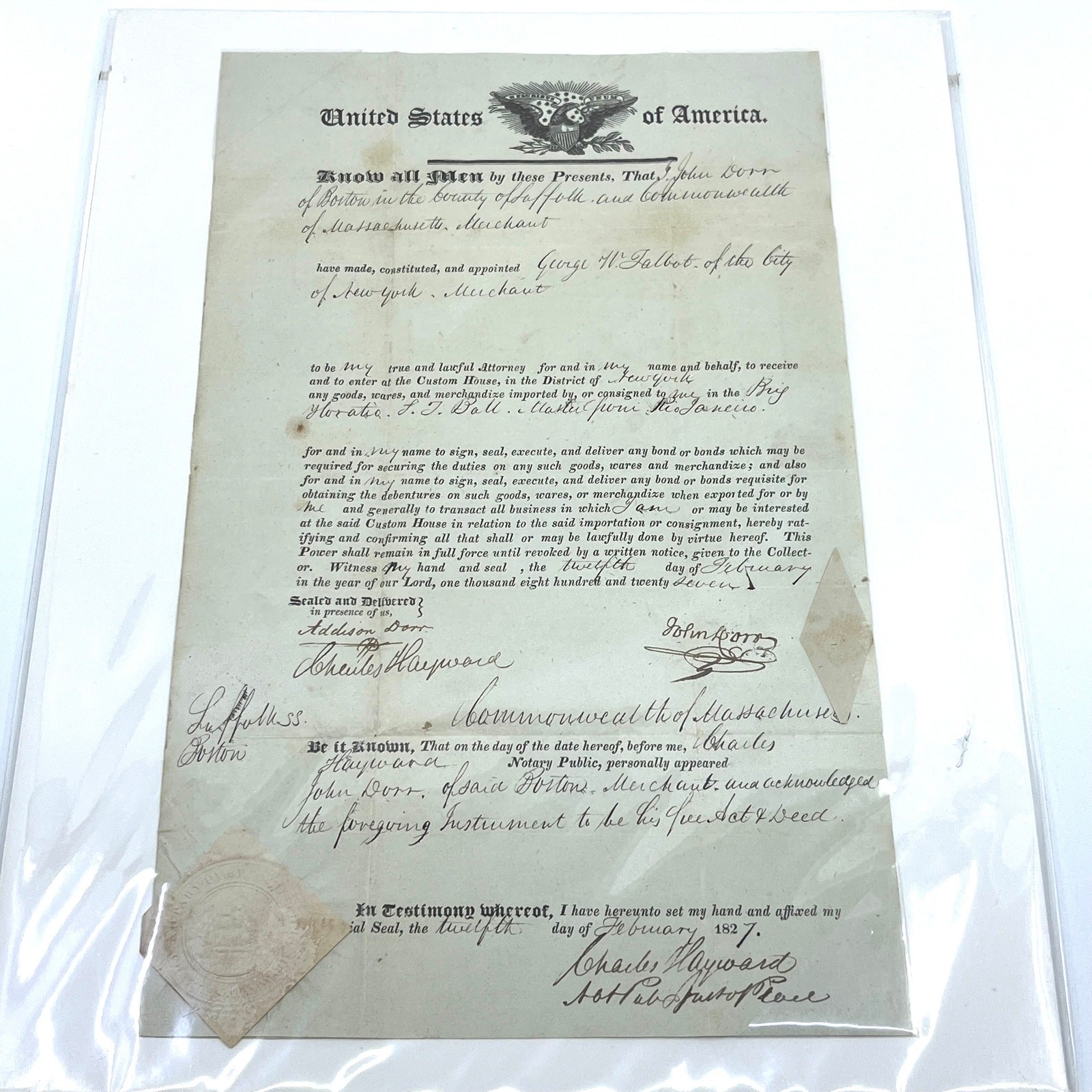 1827 Legal Contract Power of Attorney George W. Talbot NY Boston MA TH9
