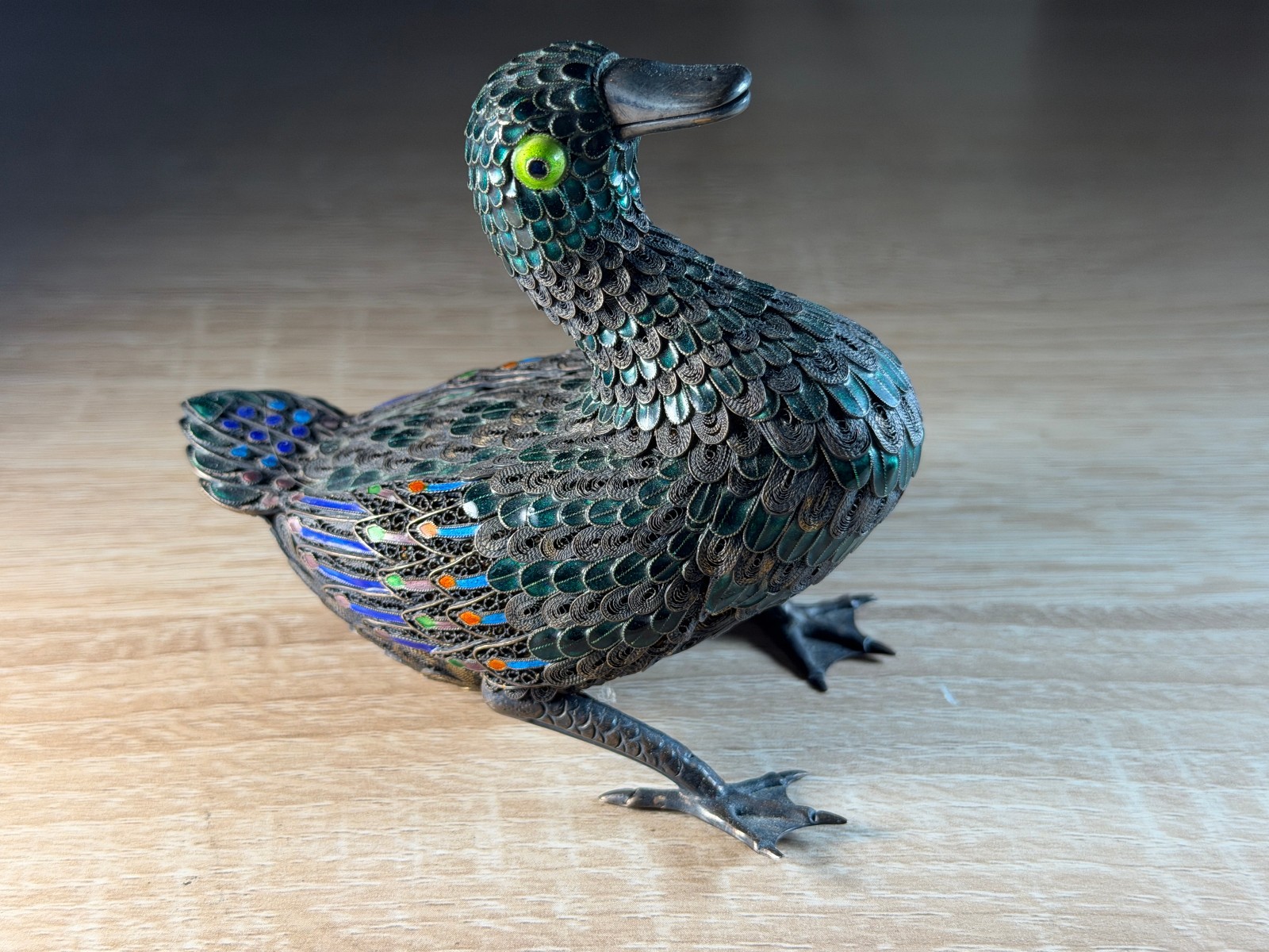 Vintage Sterling Silver Filigree Enamel Duck Figurine