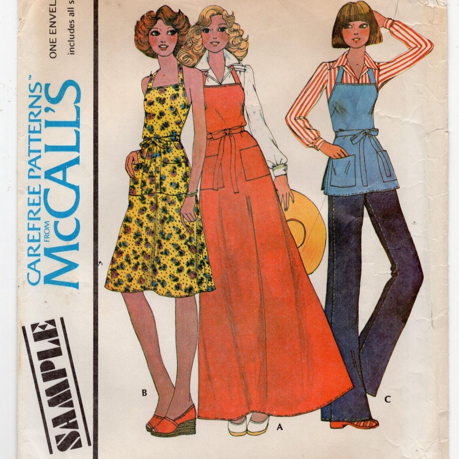 70s Vintage McCalls Sample Back Wrap Apron Pattern Pockets Three Lengths Uncut