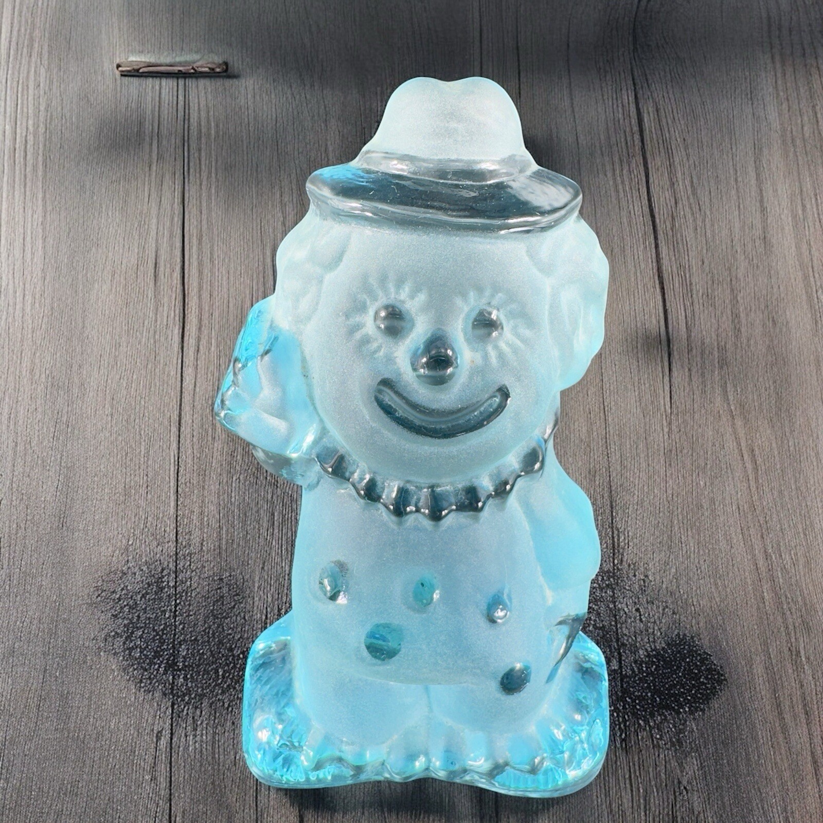 Vintage Viking Frosted Glass Clown Blue Heavy Glass Paperweight Bookend Decor