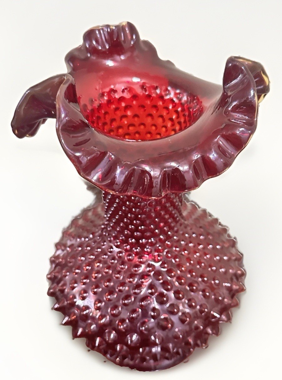 Fenton Big John Hobnail Trumpet Vase Ruby Red Amberina DUAL LOGO MARK UV Glow 