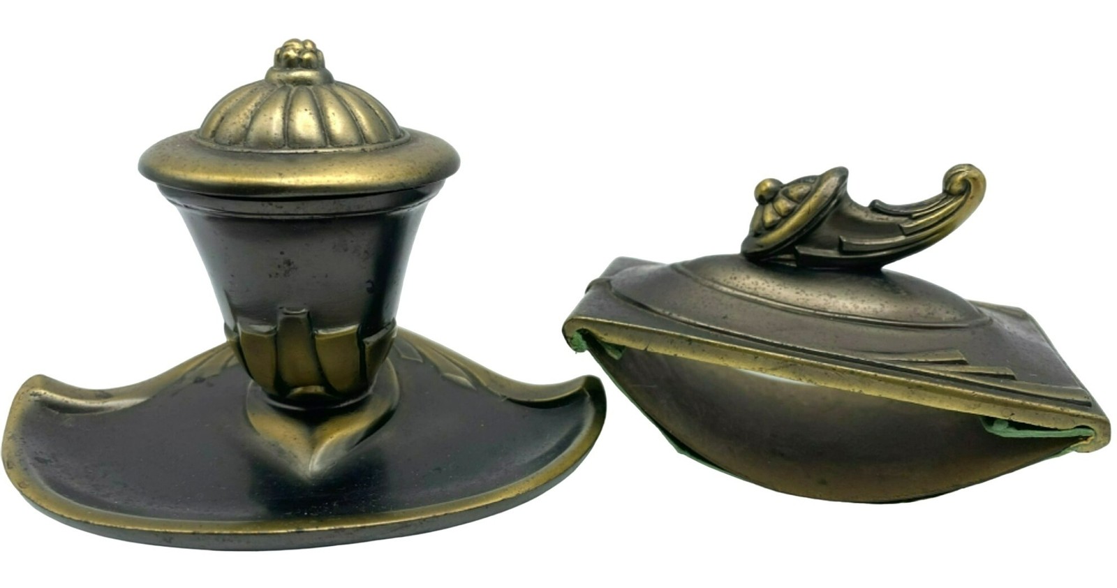 Antique Art Deco Nouveau Bronze Inkwell & Blotter Set Green Glass Insert