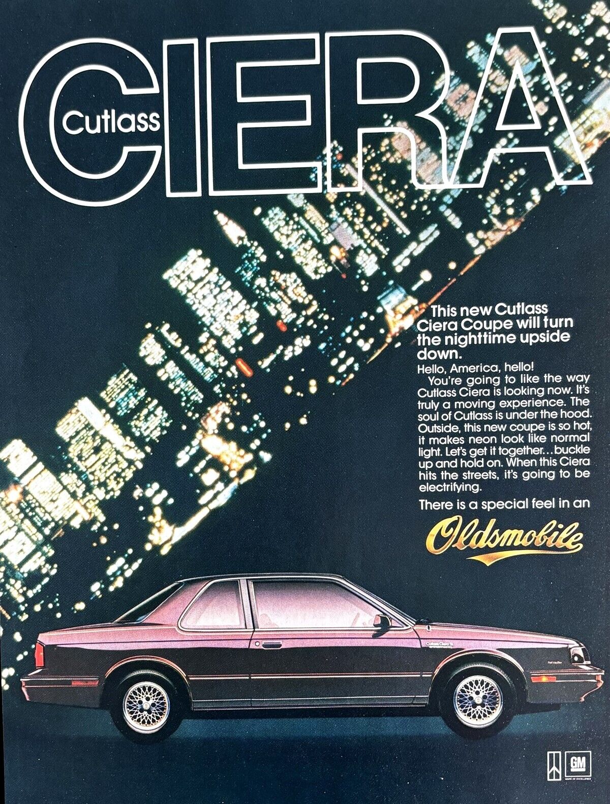 1986 OLDSMOBILE Cutlass Ciera Coupe New York At Night Photo Vintage PRINT AD