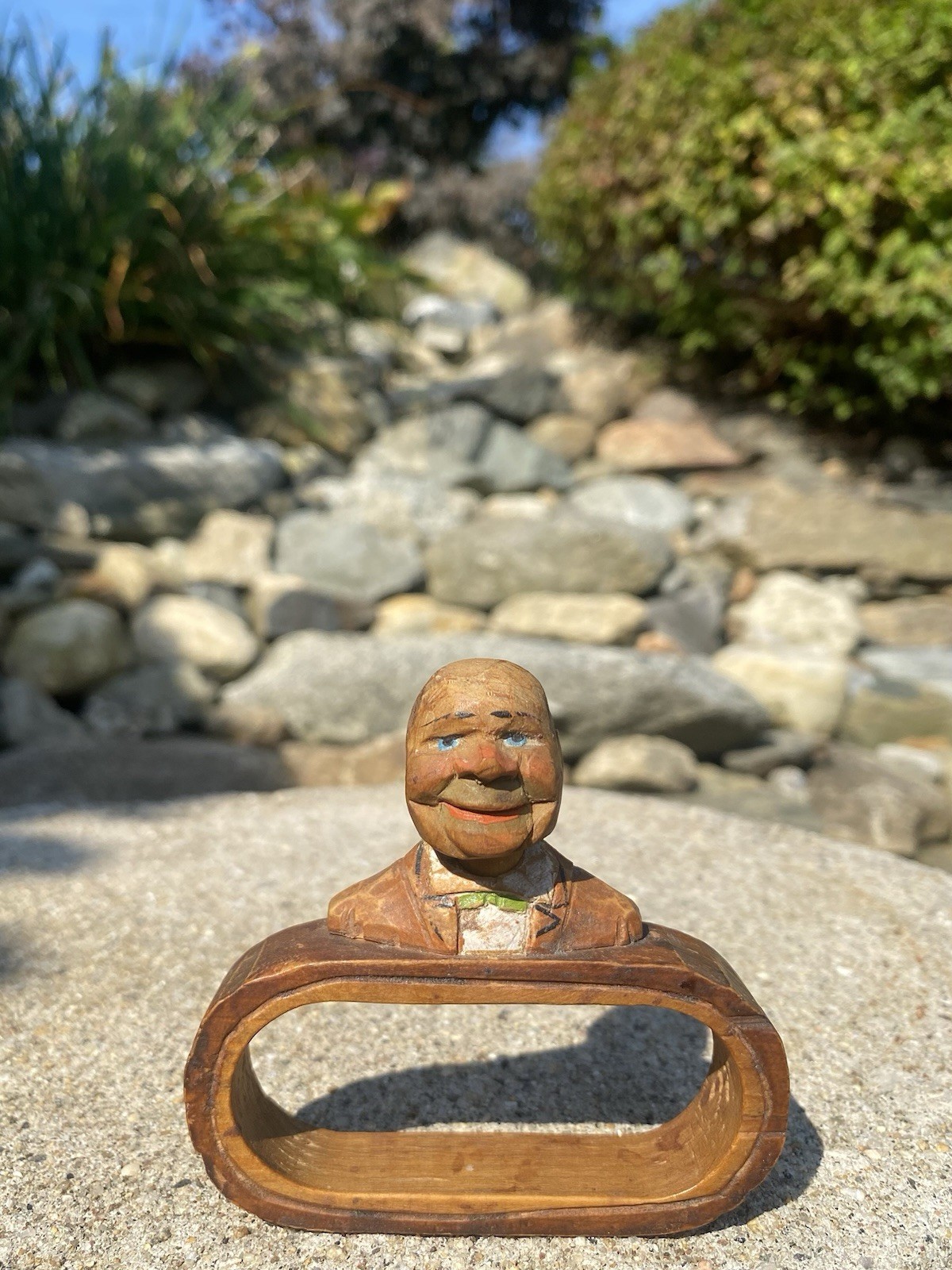 Antique Anri Hand Carved Painted Wood Bobble Bead Neck Man Napkin Ring Holder