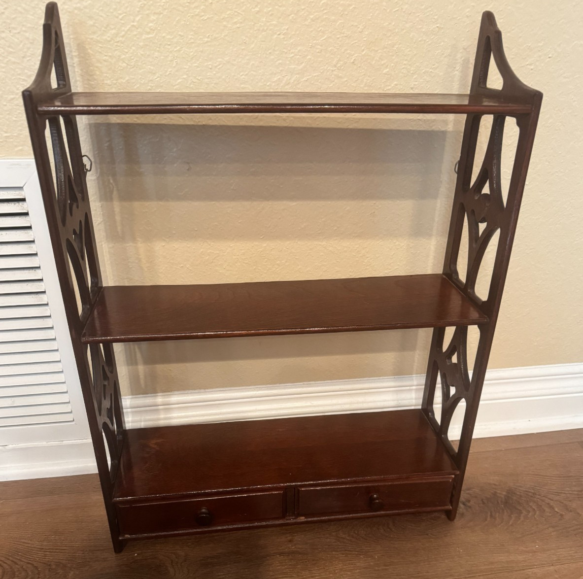Vintage 3 Tier Wood Wall Shelf Chippendale Style Fretwork Cutout w/ 2 drawers