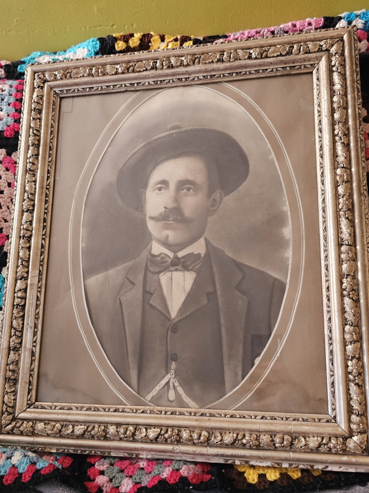 Antique Early 1900s Framed Sepia Portrait of Gentleman w/ Hat Ornate Framed