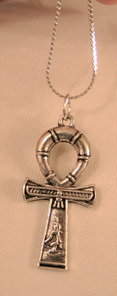Petite Etch Textured Egyptian Figure Symbols Ankh Cross Silvertone Necklace