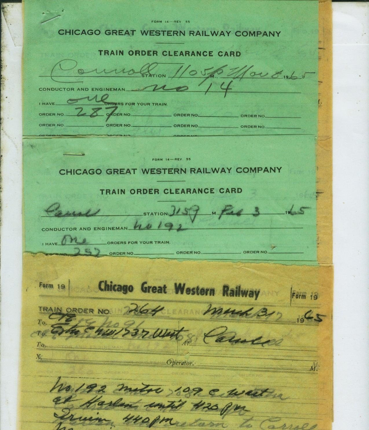 CHICAGO GREAT WESTERN RY. TRAIN ORDERS (15) CARROLL, IOWA  ALL  1965.