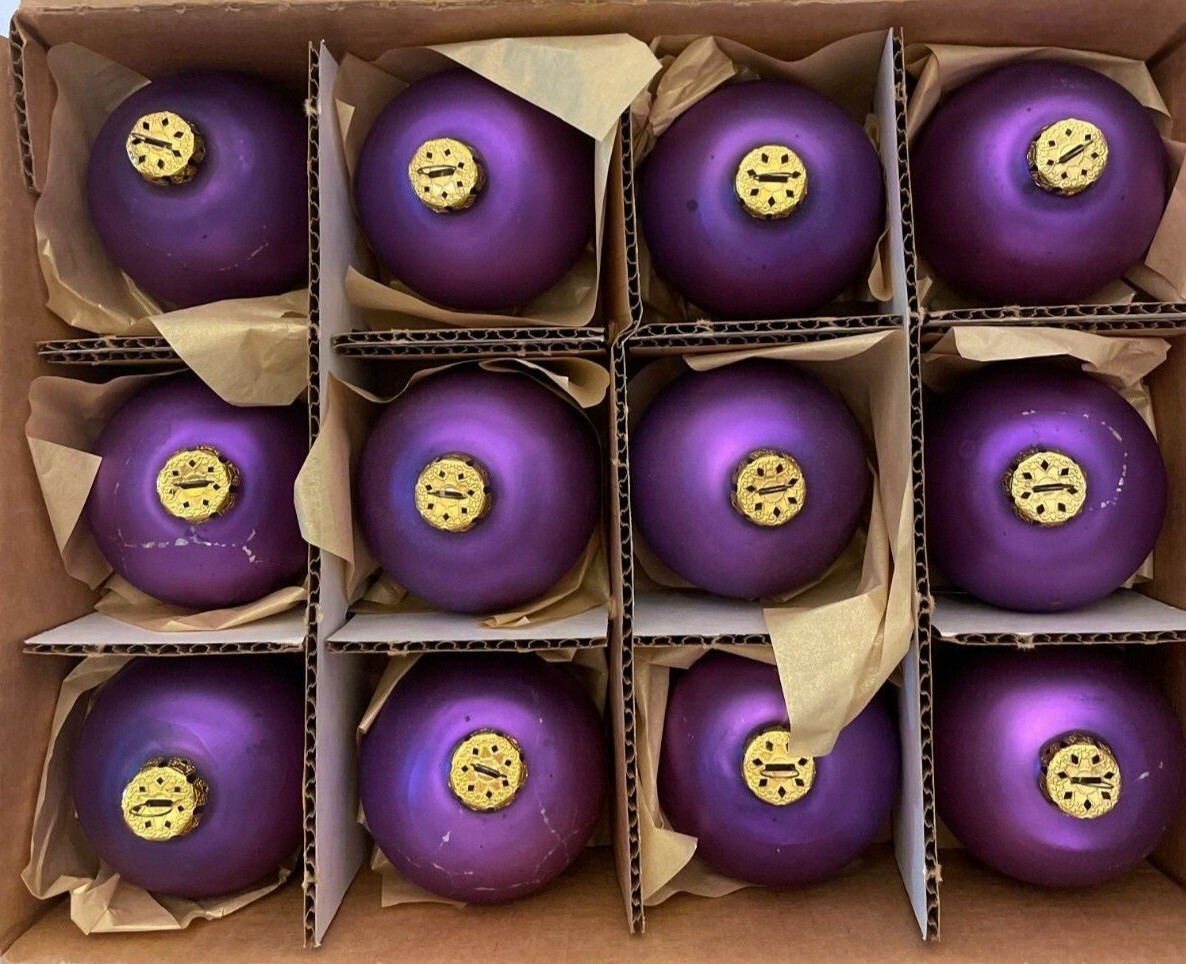 Vintage Rauch Magic Purple Satin Glass 12 Piece Ornament Set In Original Box