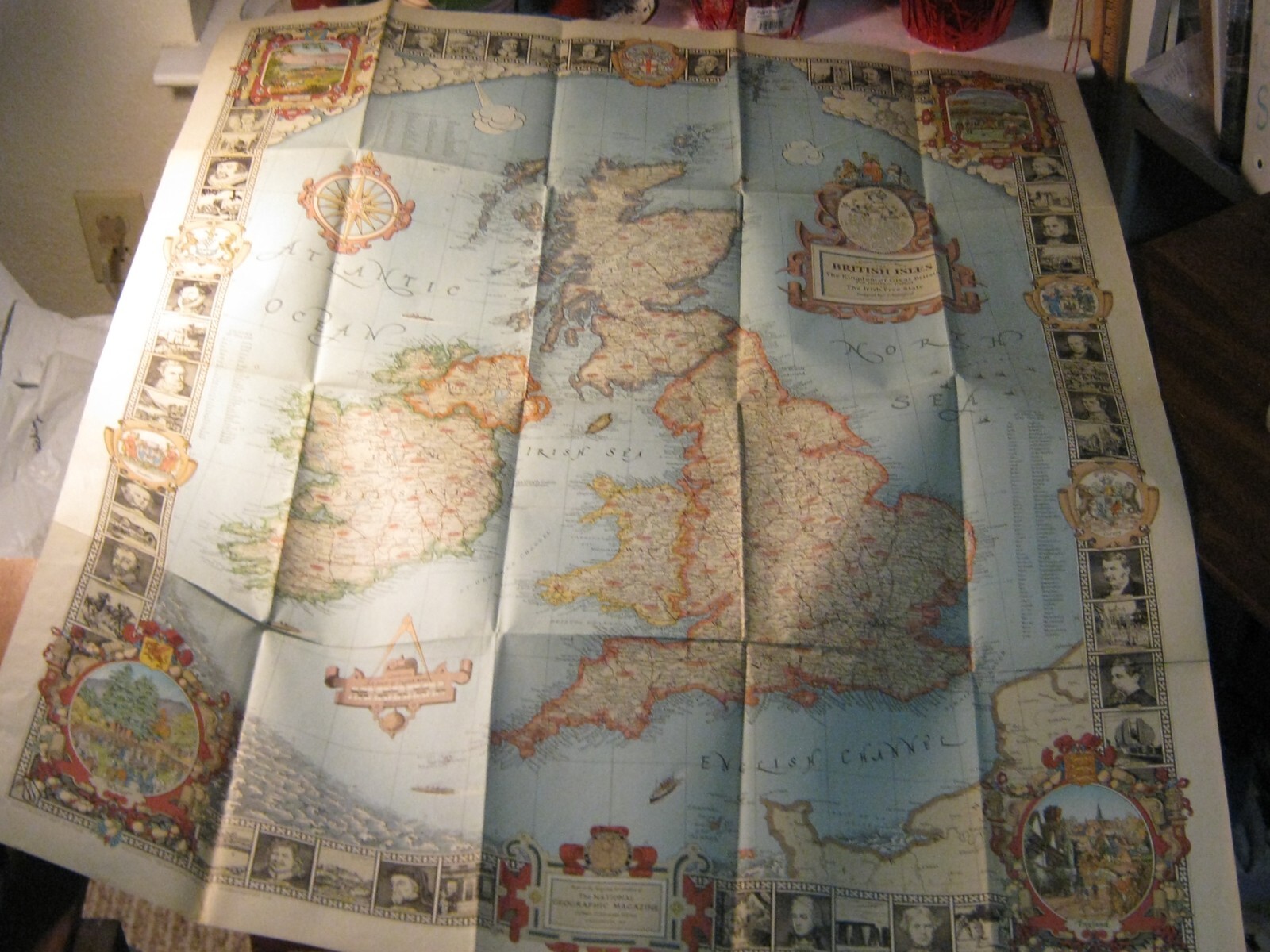 ANTIQUE MODERN PILGRIM'S MAP OF THE BRITISH ISLES June 1937 National Geographic