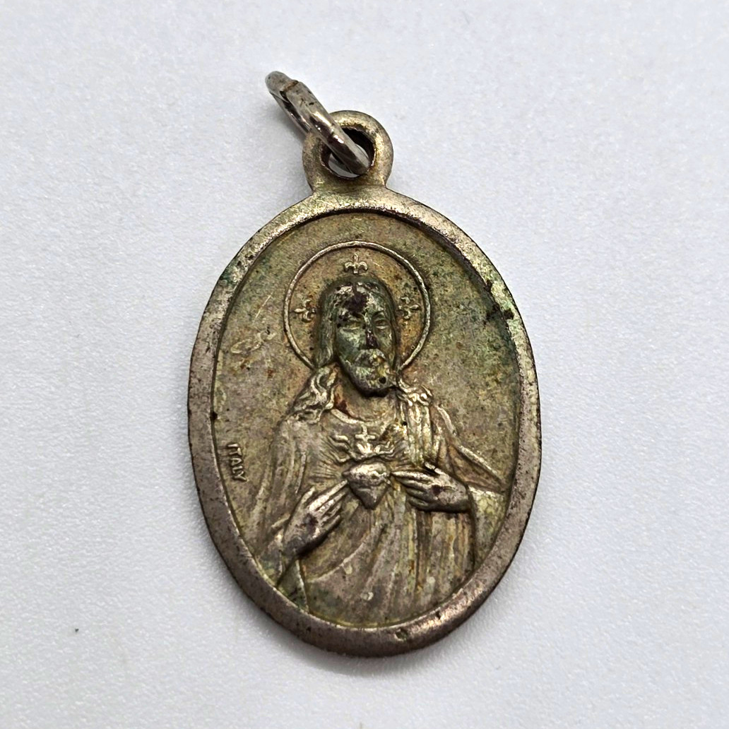 Vintage Oval Catholic Medal Pendant Charm w/ Loop Sacred Heart Jesus & Mary
