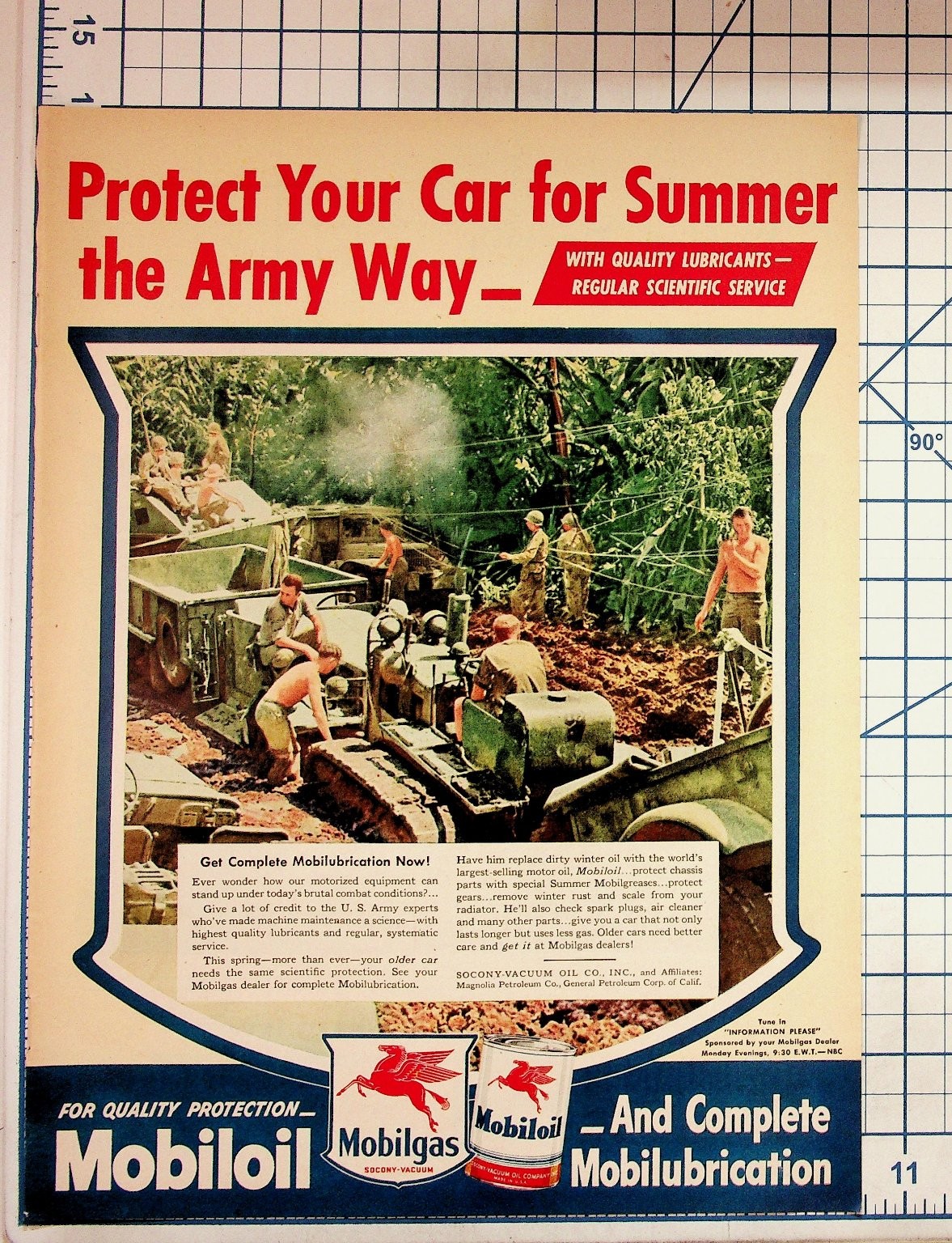 1940s Mobilgas Mobiloil Magazine Ad WWII Army Maintenance & 