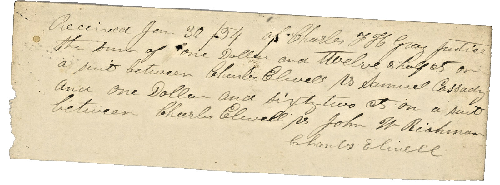 1857 Legal Receipt Charles Elwell vs Samuel Cassady & John W Richman Handwritten