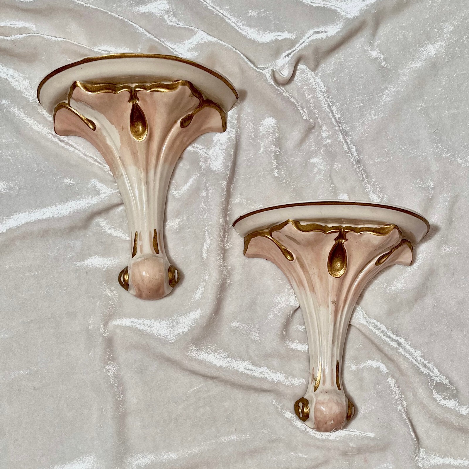 VTG 60\'s MCM Hollywood-Regency Italian Style Gilded Ceramic Wall Sconces