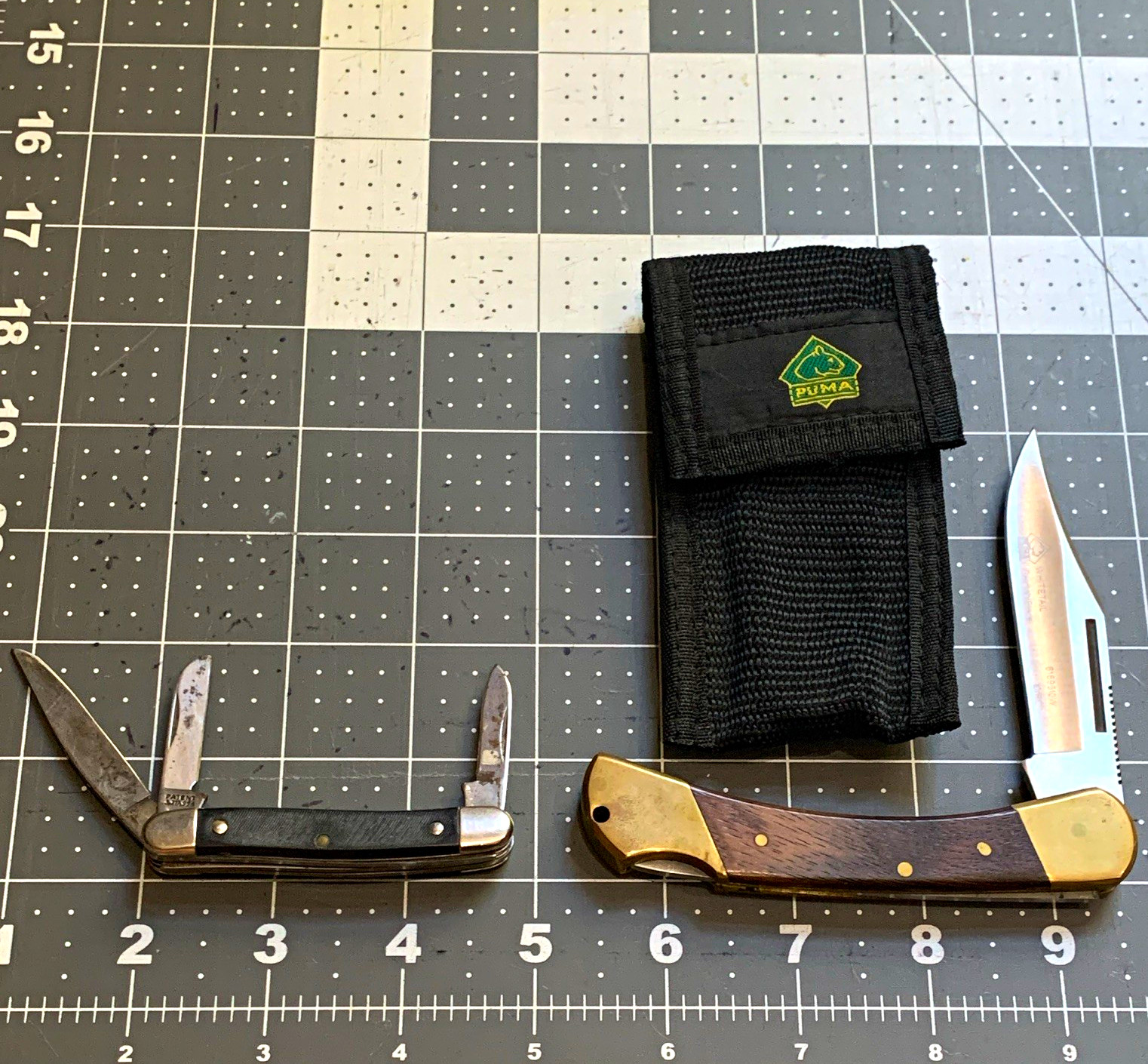 2 knives Puma Lockback Pocketknife Wood Handle w/ Sheath and Ranger Colonial