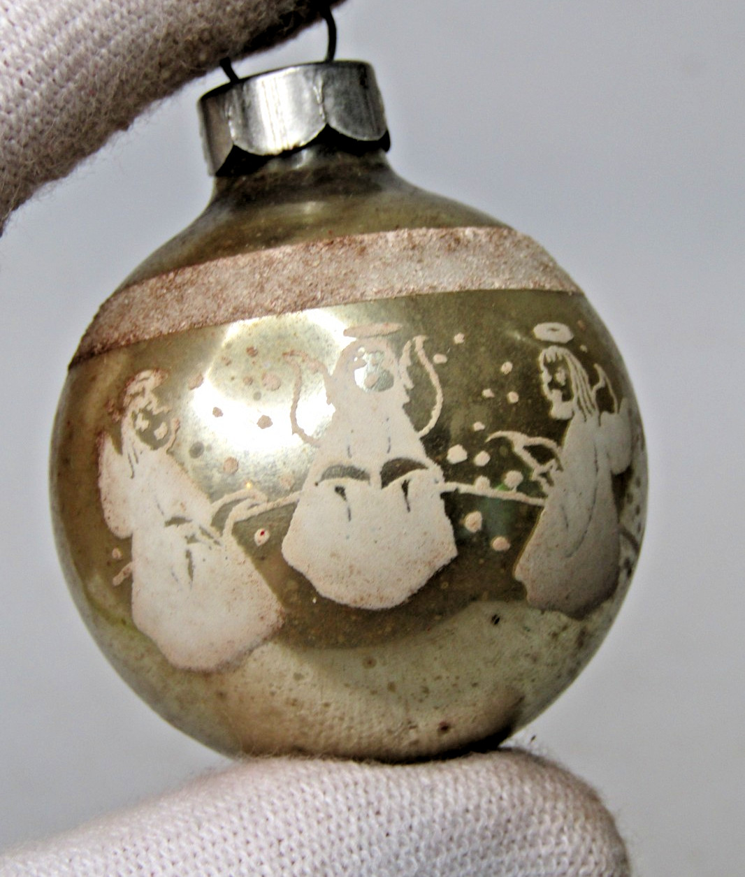 VTG pre WWII Glass ANGEL CAROLER Pictured Mica BALL Christmas Ornament Franke
