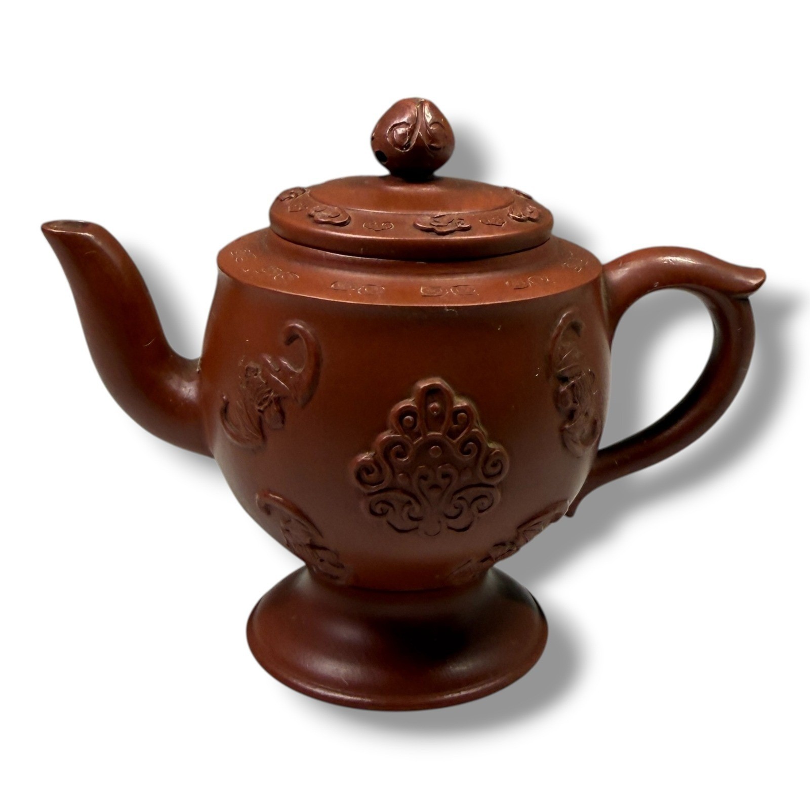 Vintage Chinese Yixing Zisha Clay Teapot Relief Carved Footed Red Brown 4.5 inch