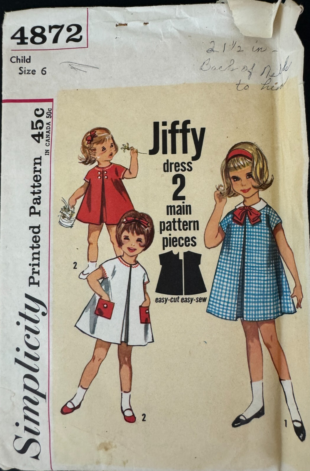 4872 Simplicity Children Sewing Pattern ONE PIECE JIFFY DRESS Size 6 Vtg 1960s