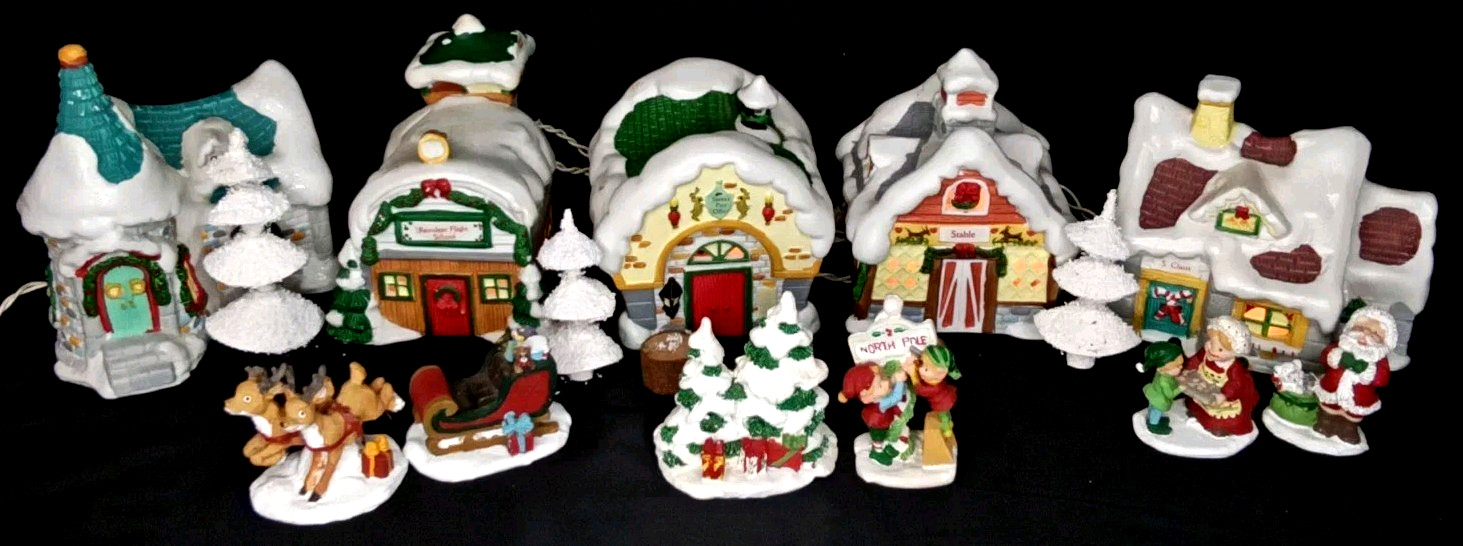 Vintage 1990s Noma Santa Town Lighted Porcelain 13 Piece Christmas Village Set