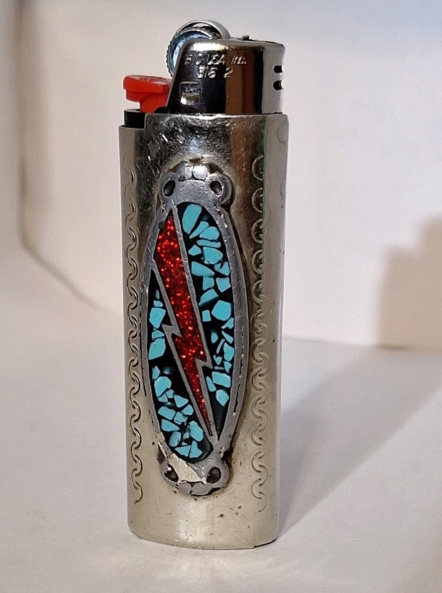 VINTAGE Nickel Silver Turquoise Coral LIGHTNING BOLT  Lighter Case Cover Native