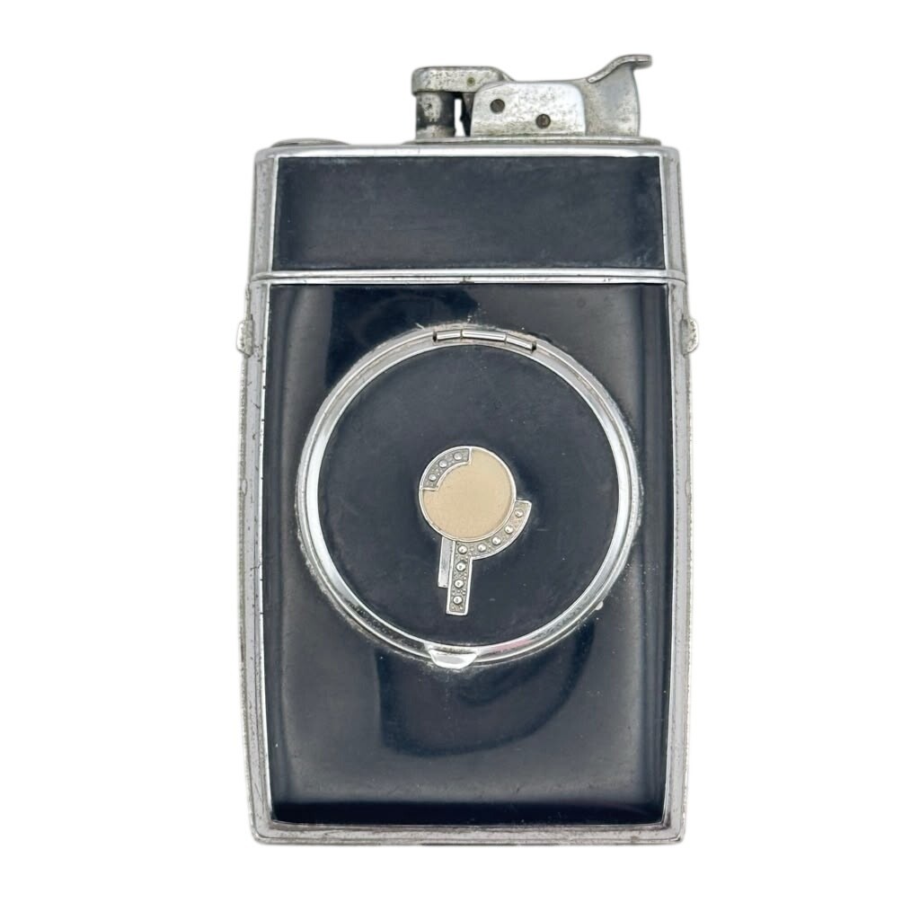 Vintage Evans Trig-a-lite Black Enamel Cigarette Case Lighter Vanity Compact