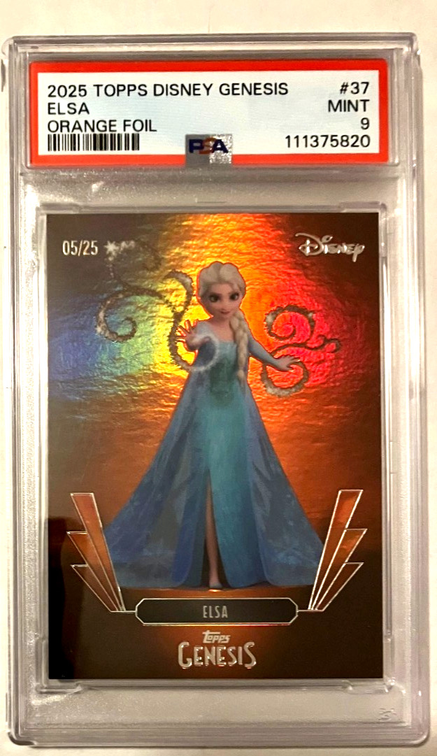 2025 DISNEY TOPPS GENESIS QUEEN ELSA FROZEN ORANGE REFRACTOR CARD /25 PSA 9