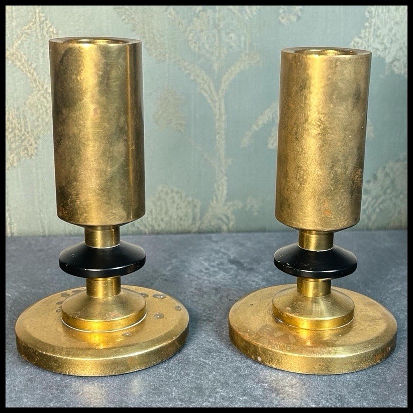 Pair Vintage Vallonmässing Swedish Brass MCM Candlestick Holders Söderköping