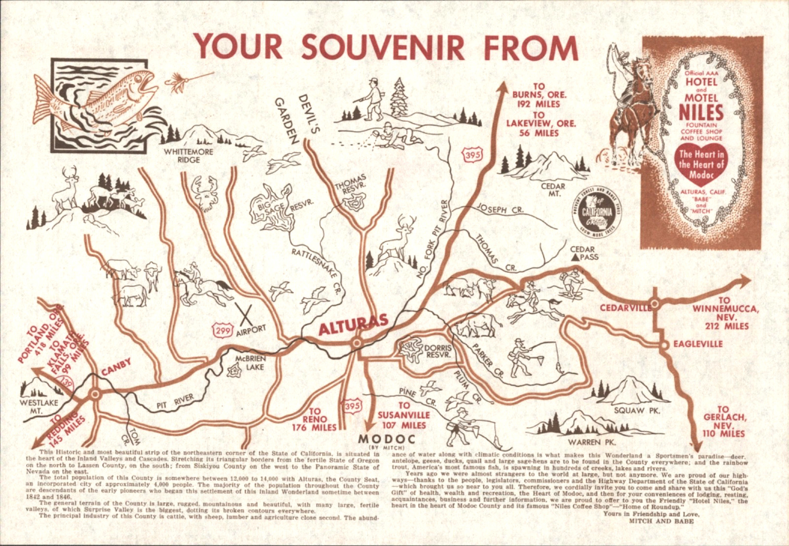 1960s ALTURAS, CALIFORNIA vintage paper placemat and map NILES MOTEL COFFEE SHOP