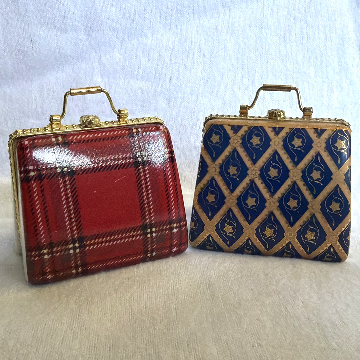 Two Vintage Porcelain Purse Trinket Boxes Hinged - Red Plaid & Blue Diamond