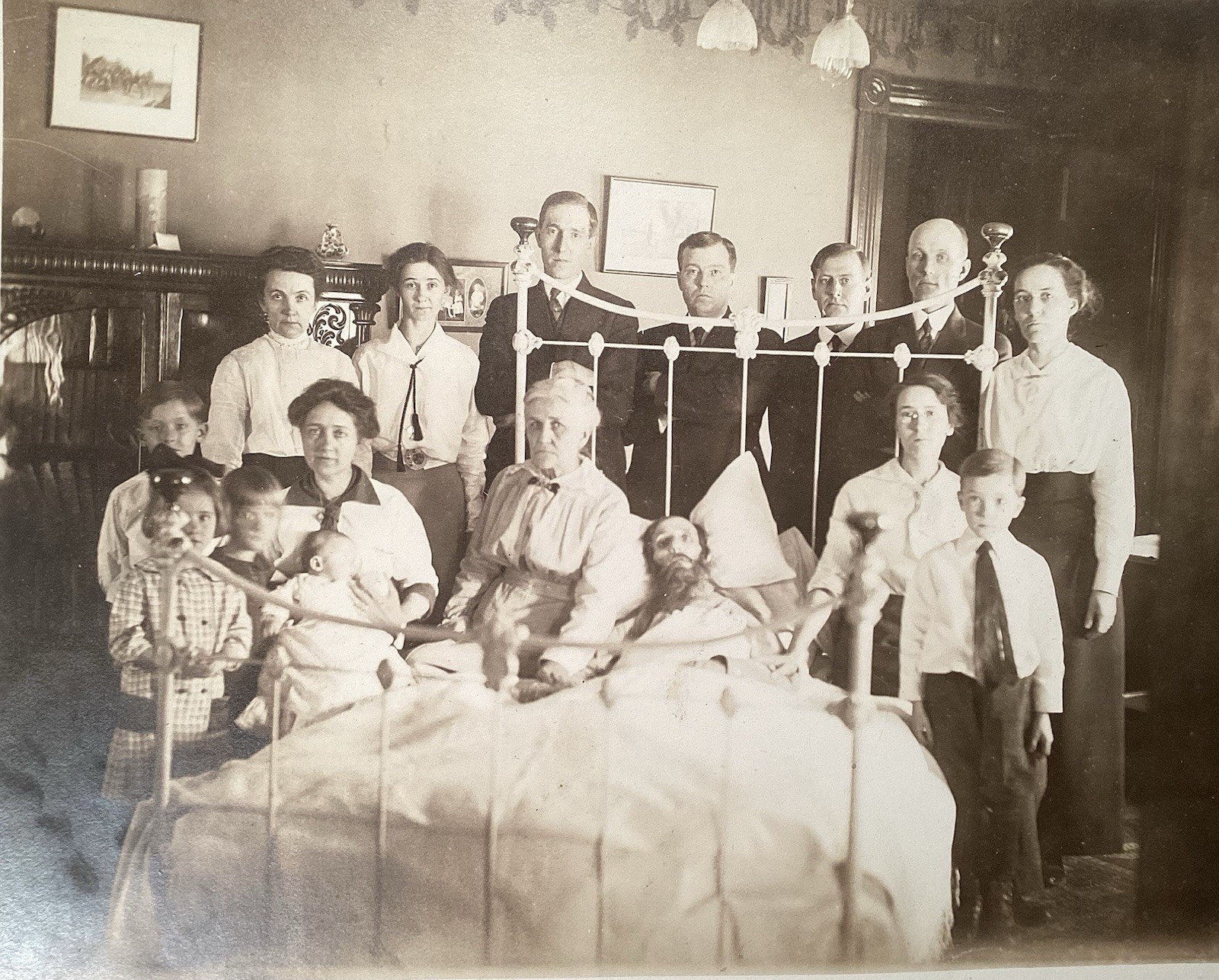 Antique Victorian Post Mortem CABINET PHOTO Man At Home Bed WITH Family Memento