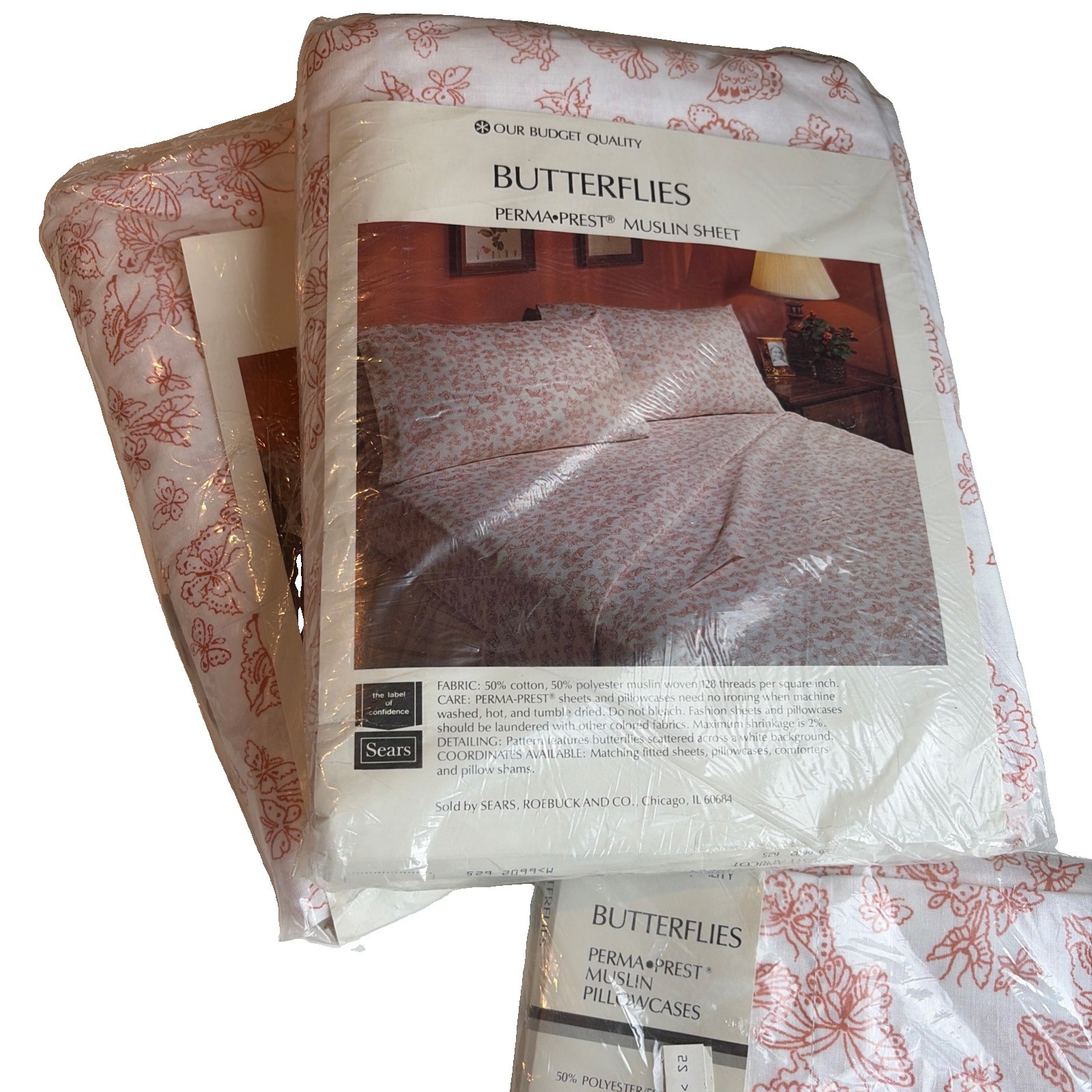 VTG Sears Butterfly 2 Full Size Flat Sheets & Pillowcases Perma Prest Muslin New
