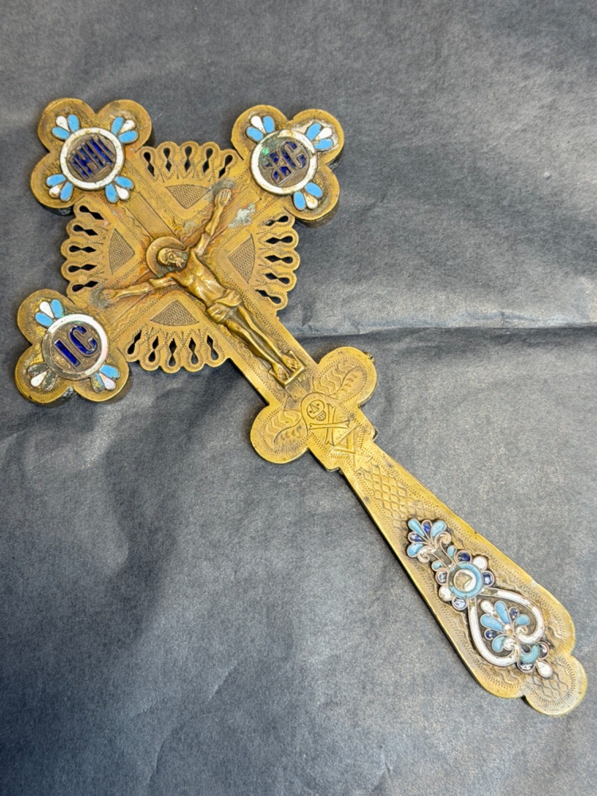 19c. Antique Russian Priest Brass Enamel Blessing Altar Cross Crucifix Reliquary