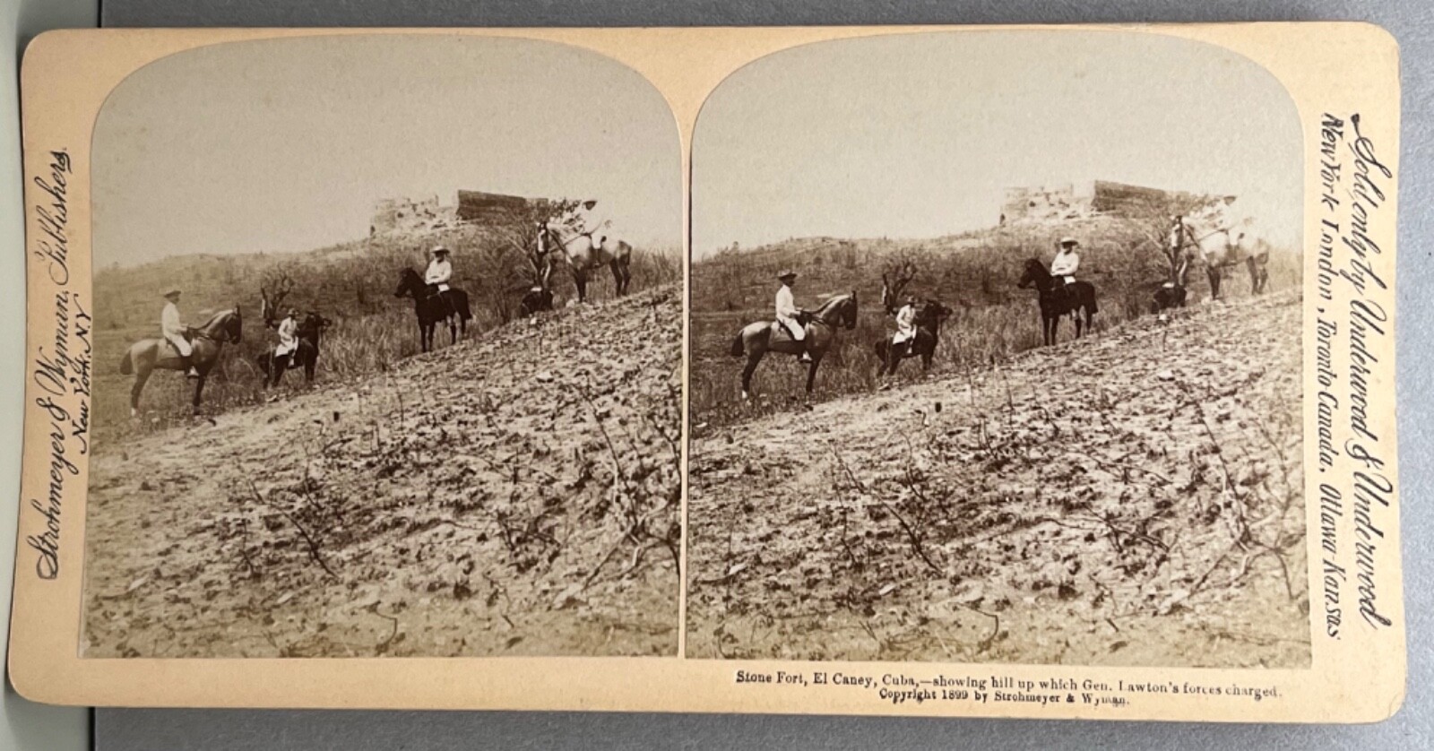 Stone Fort El Caney Cuba Men Horses Gen. Lawton Hill  Stereoview Antique Photo