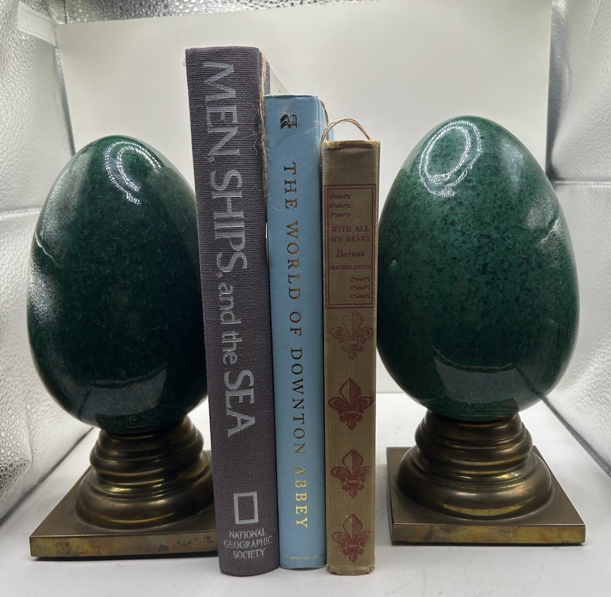 Vintage Hollywood Regency Green  Stone Egg Sculptures Brass Pedestal Pair 9”