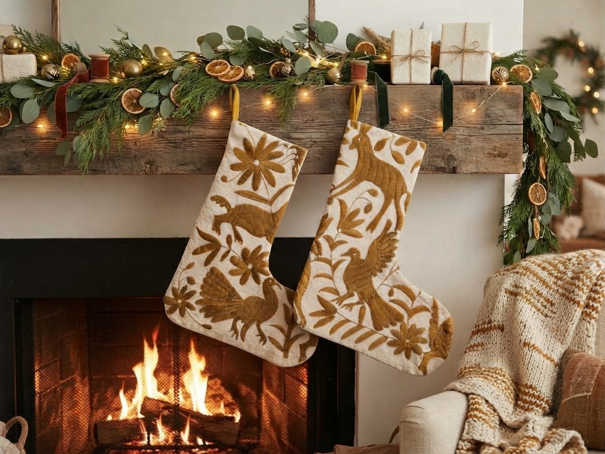 Pair of Handmade Otomi Embroidered Christmas Stockings Gold Amber Natural 16.25\