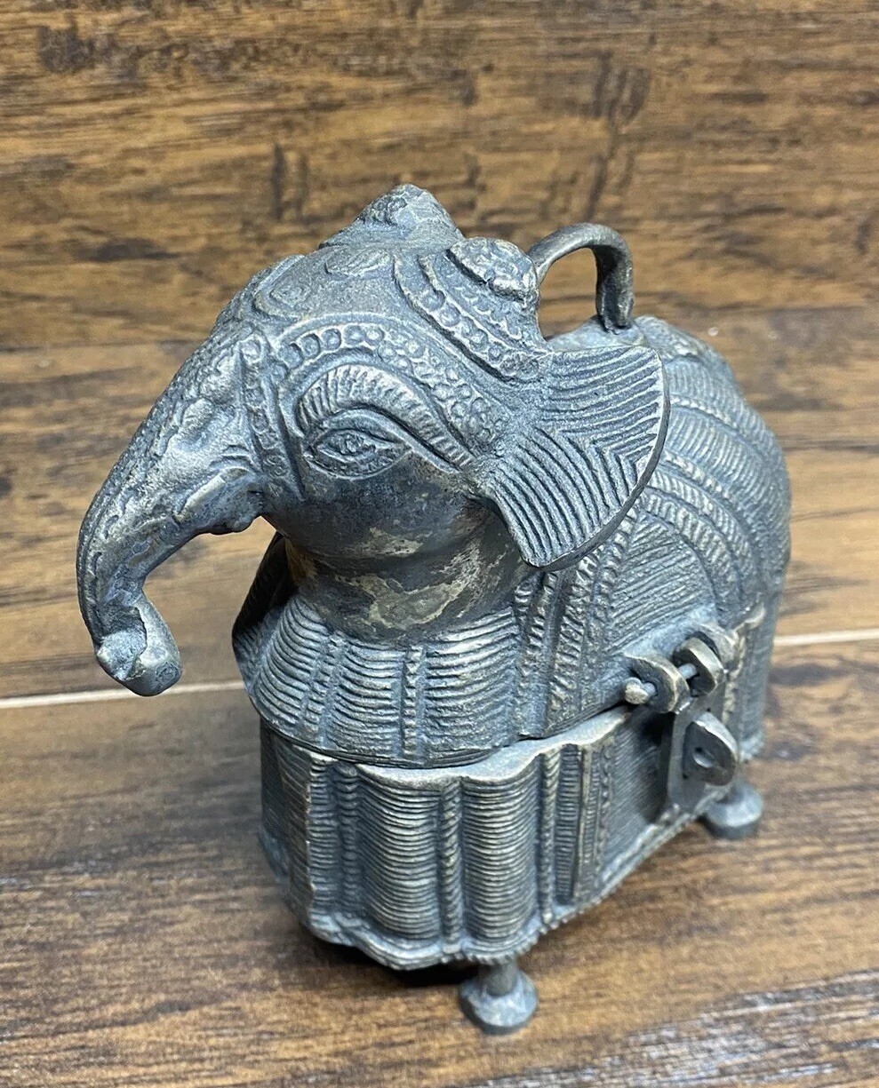 Vintage Indian Style Elephant Cast Metal Trinket Box Ornate Lidded Chest Heavy