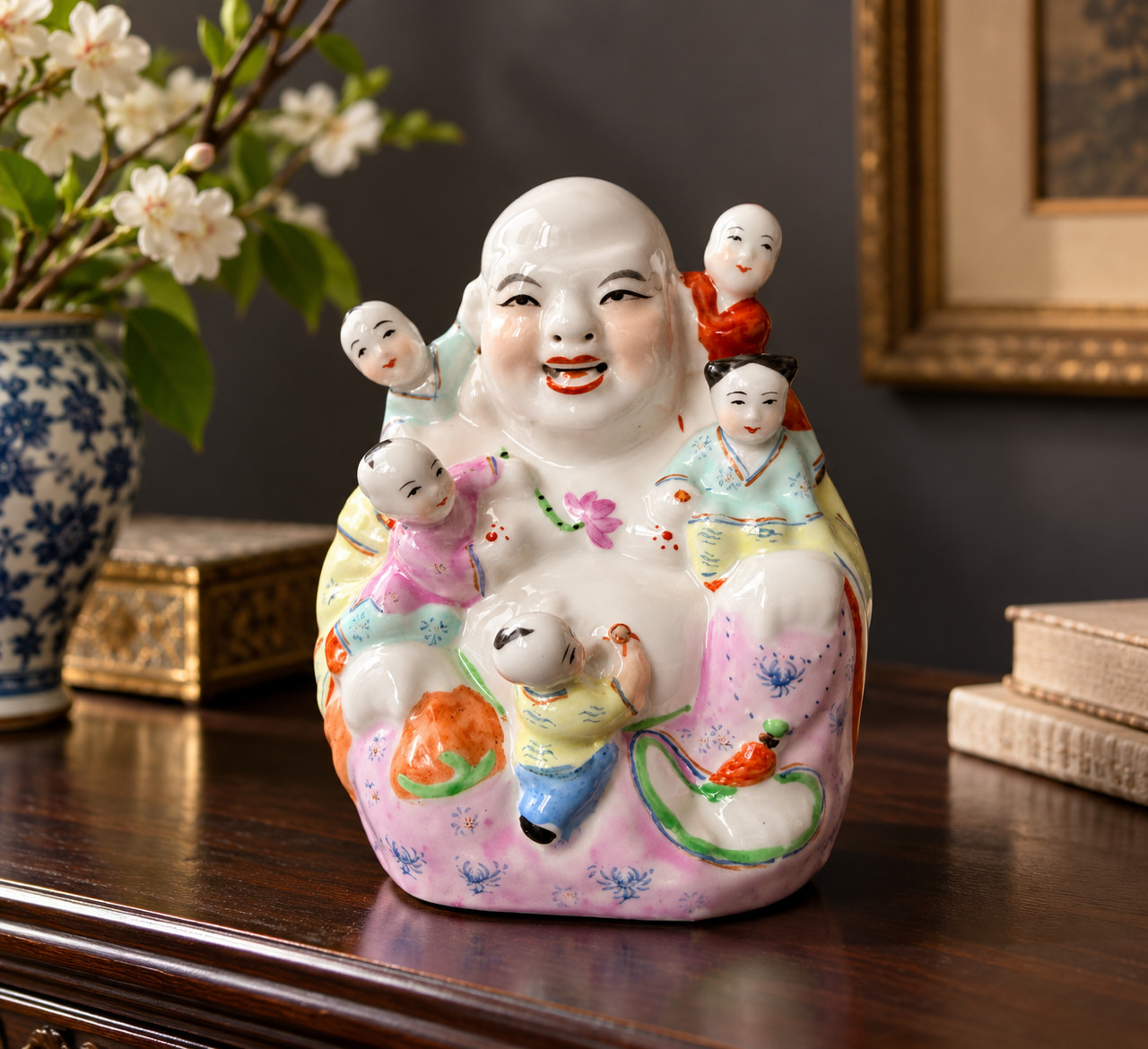 Vintage Chinese Jingdezhen Porcelain Maitreya Buddha 5 Children statue 6.5” PRC