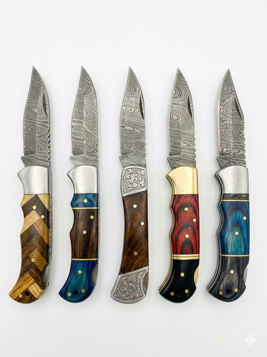 LOT of 5 pcs Damascus Steel Hunting Folding knife, Pocket Knives w/ Sheath