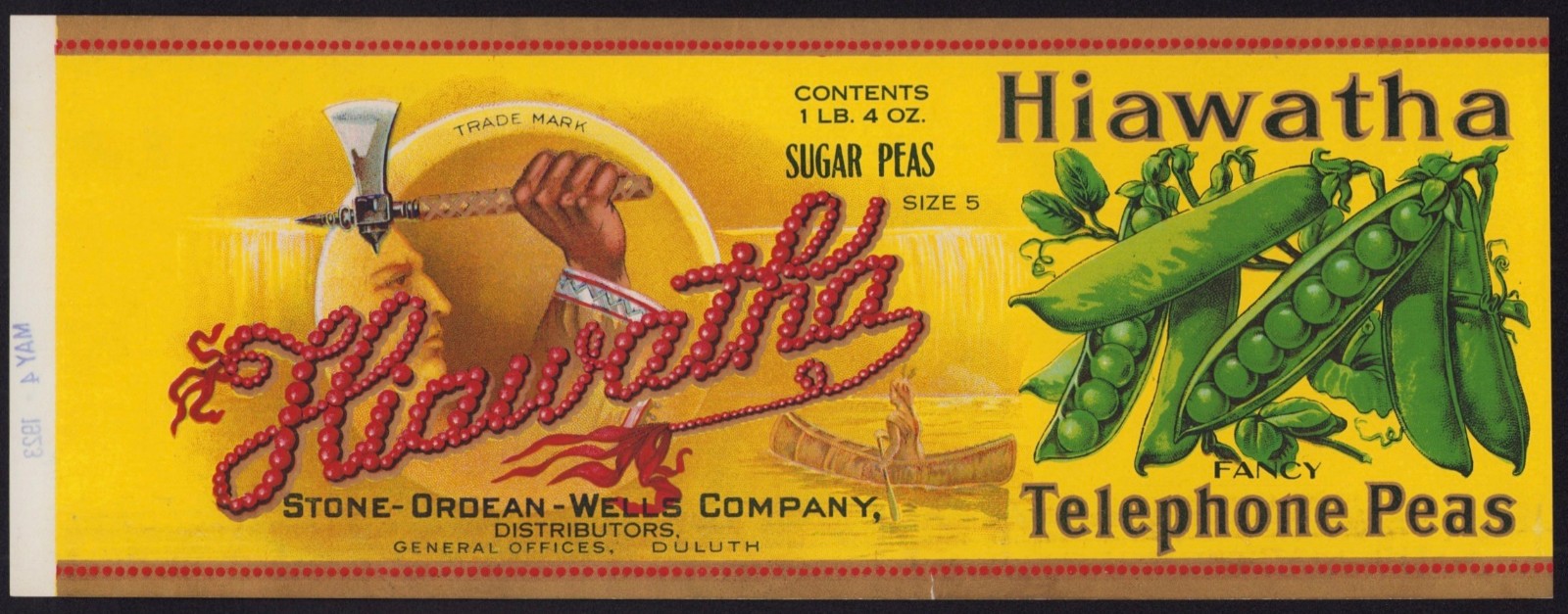 HIAWATHA antique can label PEAS Duluth, MN Calvert Litho file sample 1923