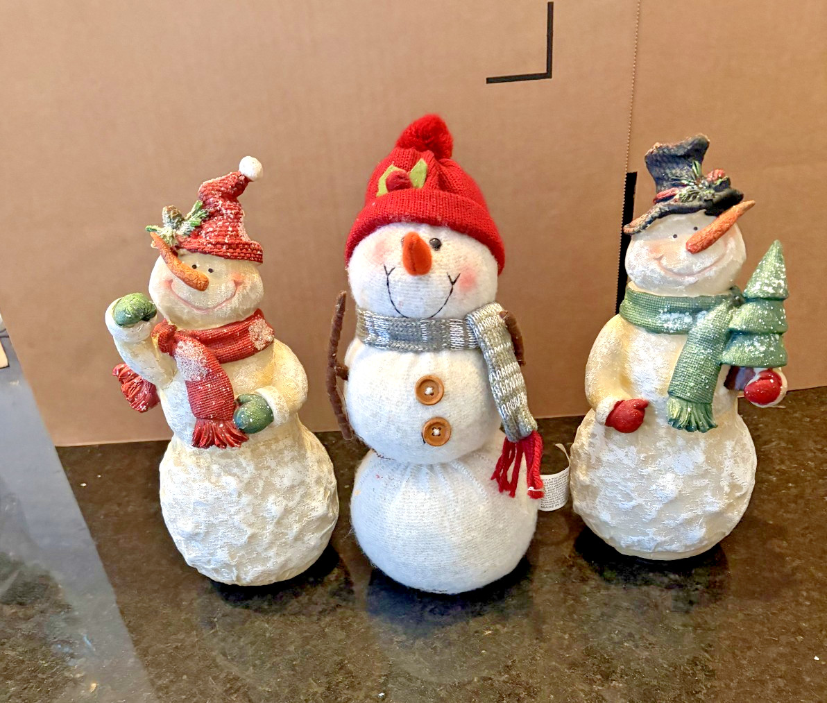 Transpac Christmas Snowman Figurines Lot of 3 9-10” Resin Fabric Holiday Decor