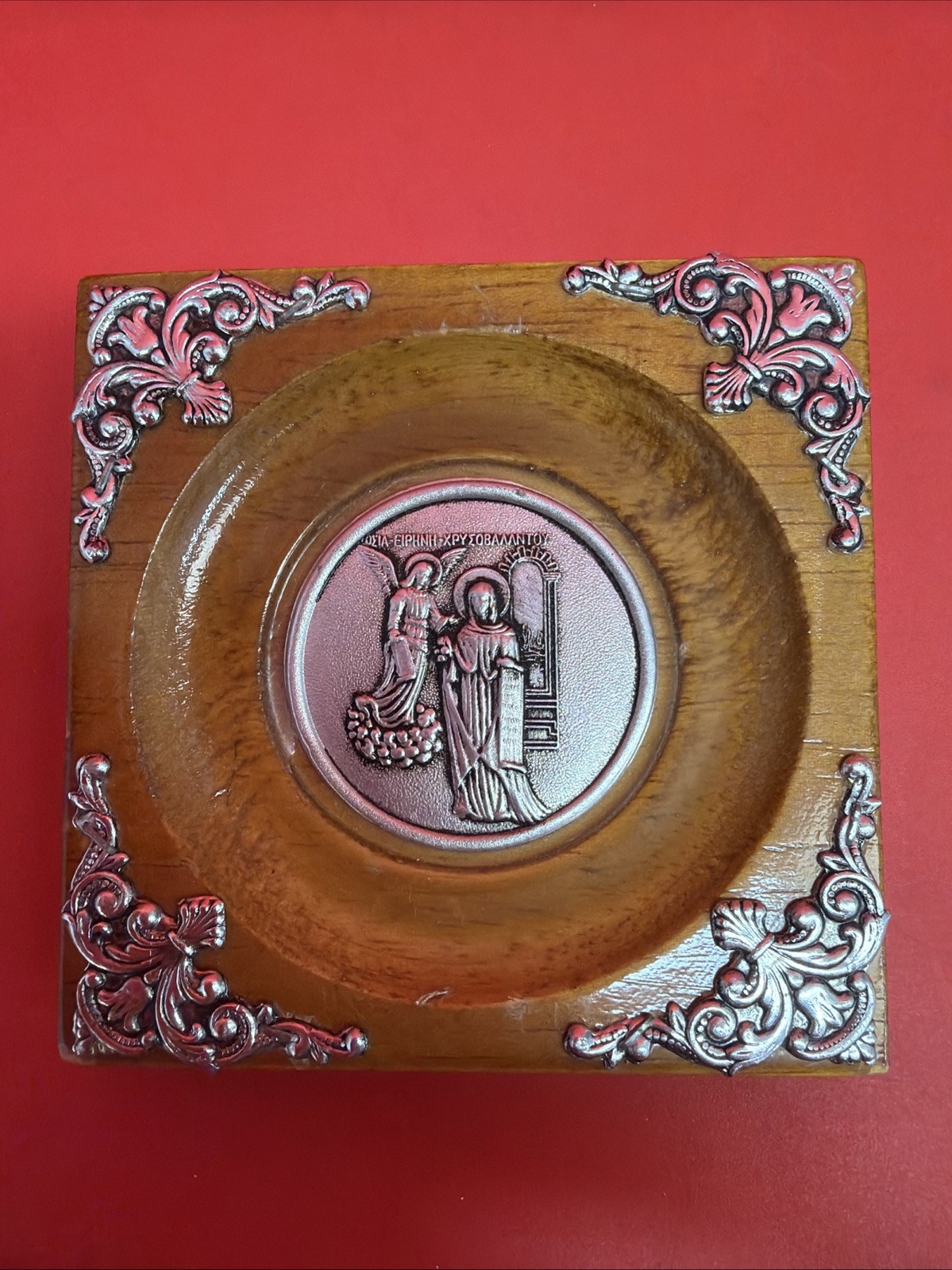 Vintage Greek Orthodox Saint Irene Chrysovalantou Icon Wood Metal Wall Plaque