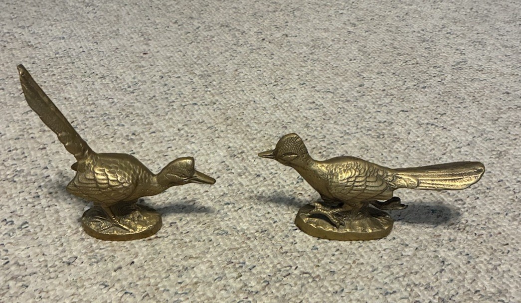 Vintage Rare Pair Of Brass Roadrunner Figurines Gold Tone Made In Korea