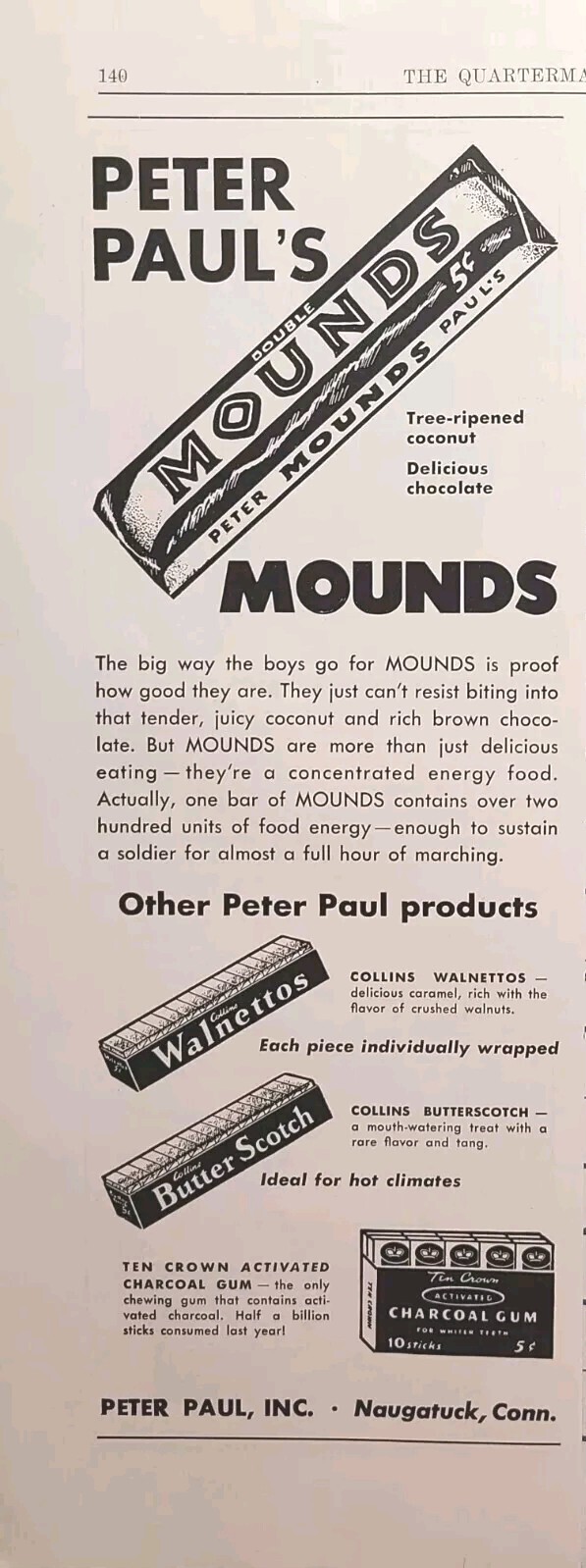 Peter Paul's Mounds Naugatuck Coconut Chocolate Walnettos Vintage Print Ad 1943