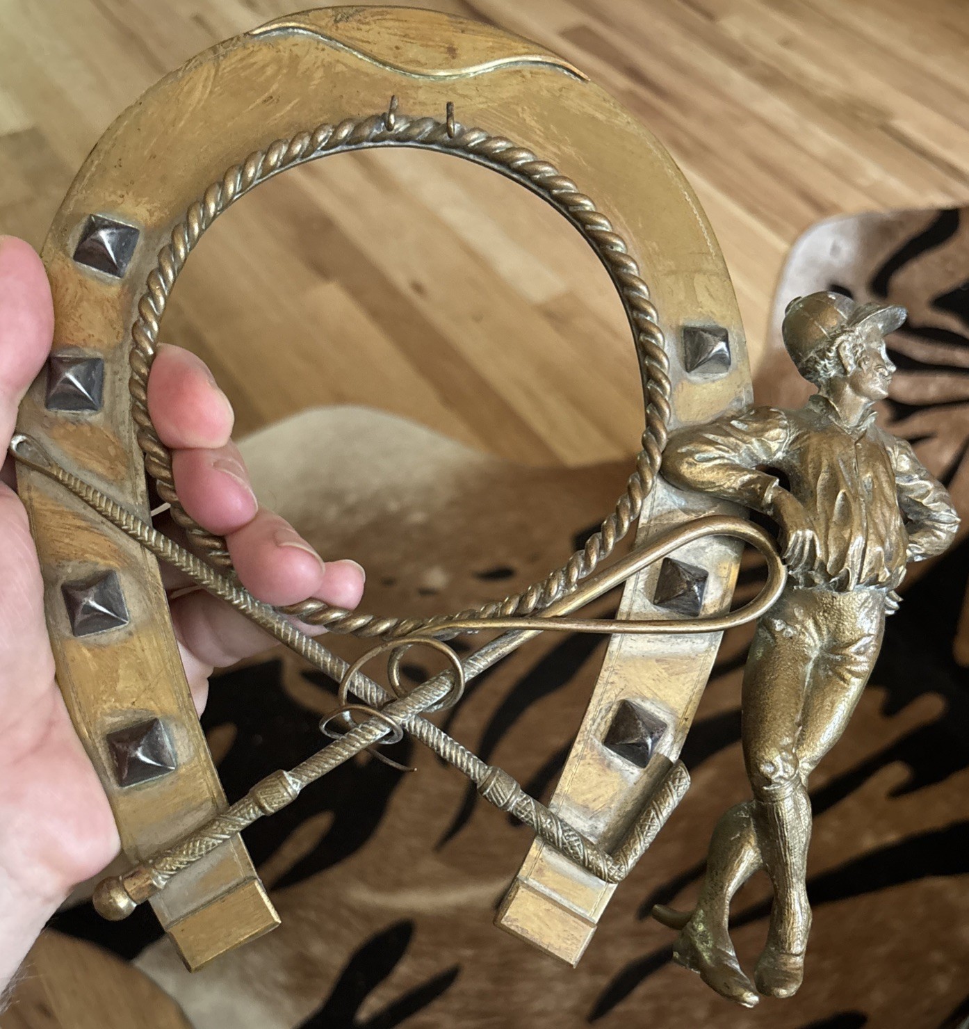 Antique 19thc Victorian Equestrian Jockey Horseshoe Riding Whip Crop Sculpture