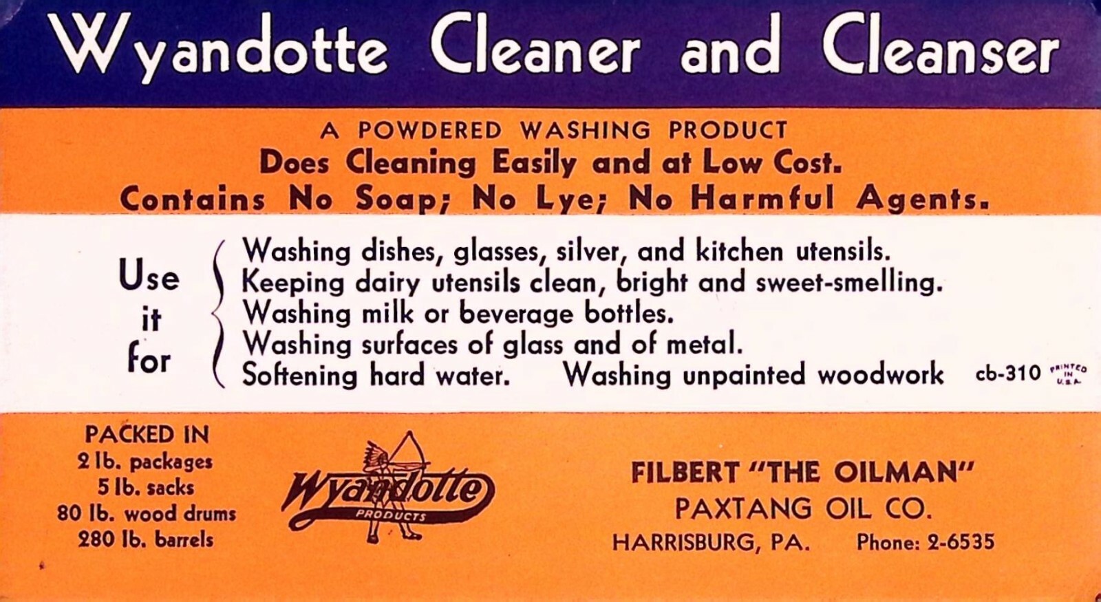 Wyandotte Cleaner Cleanser Paxtang Oil Co. Advertising Sign Card 1930s USA