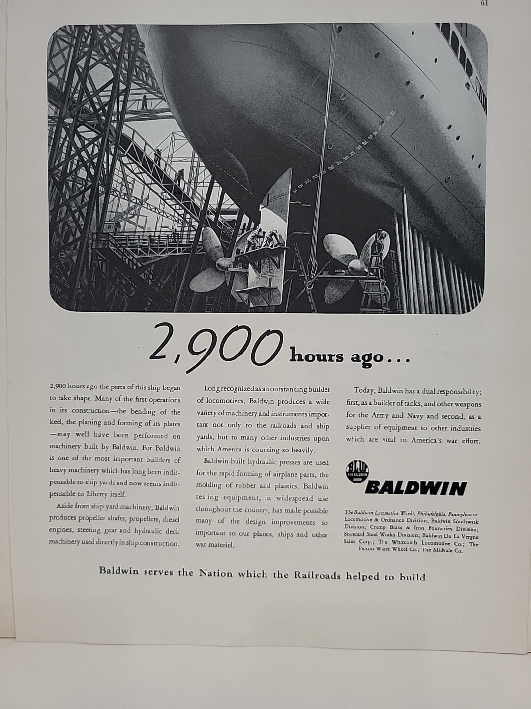 1942 Baldwin Locomotive Works Fortune WW2 Print Ad Q2 Ship Propeller Hull WAR