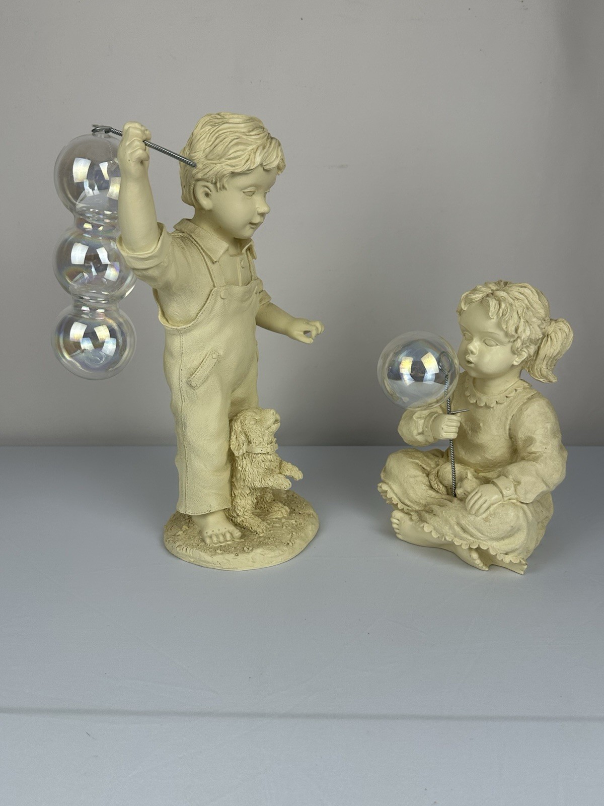 Vintage Boy Girl Bubble Figurines Set Resin Children w/ Iridescent Bubbles