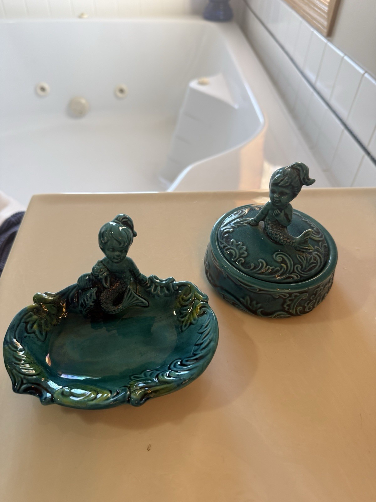Vintage Enesco teal mermaid vanity pieces from the mid-20th century